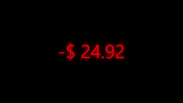 Financial loss and budget deficit decreasing counter with glowing red numbers
