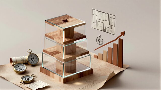 Wooden structure with compasses, charts, and a rising graph symbolizing growth.