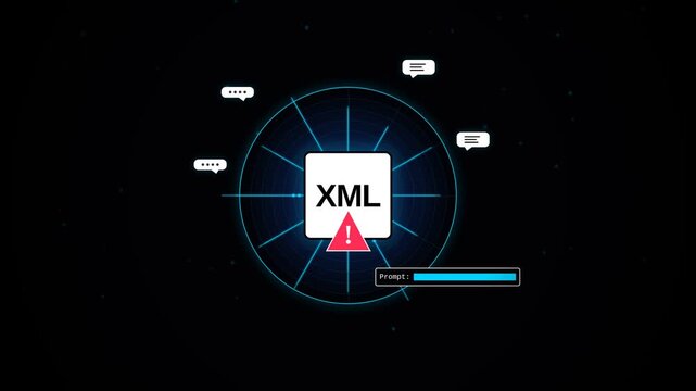 Modern digital illustration with XML file icon and red warning triangle alert symbol on dark background, representing data parsing error and system failure, concept for IT troubleshooting and