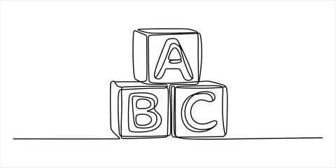 Continuous single line drawing of three wooden alphabet blocks with letters a b and c stacked for kids © JACI ART