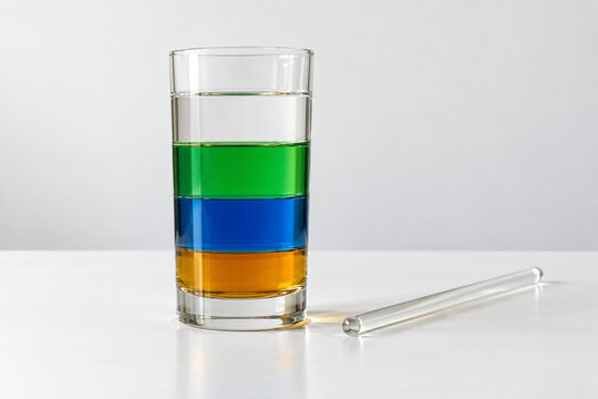 Layered colored liquids forming a density column in a tall glass