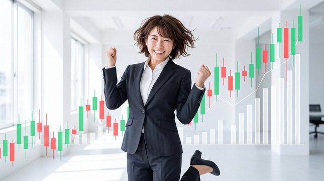 明るいオフィスで上昇する株価チャートを背景にジャンプして喜ぶビジネスウーマン