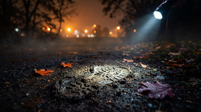 Spooky Halloween forensic crime scene with shoeprint evidence illuminated by flashlight at night