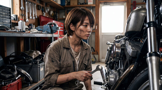 ガレージで真剣な表情でバイクの整備をするオイル汚れのある女性メカニック