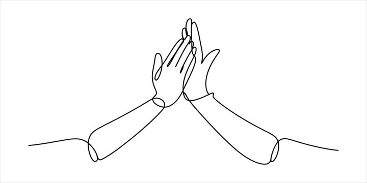 Two people hands giving a high five drawn in a simple continuous line art style for a success concept