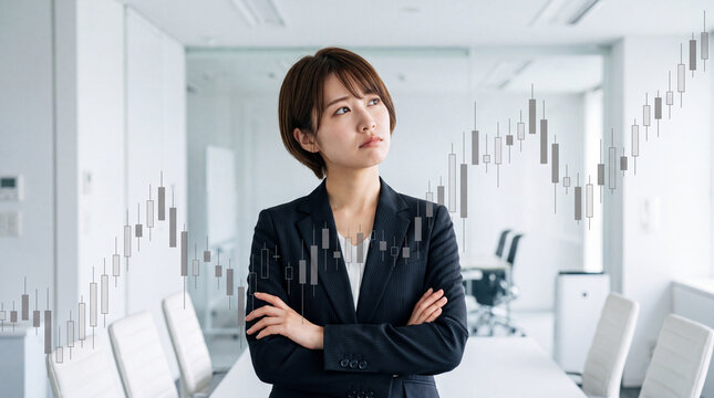 明るいオフィスで株価チャートを見つめて考え込むビジネスウーマン