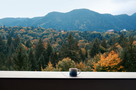 A ceramic mug on a hotel balcony overlooking the beautiful autumn pine forests of Poiana Brasov resort in the Carpathian Mountains, Romania.