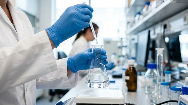 Scientist performs liquid transfer in laboratory with beakers and equipment