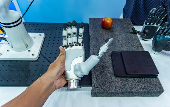 human holding advanced bionic robotic hand showing gesture, symbolizing AI and human collaboration.  