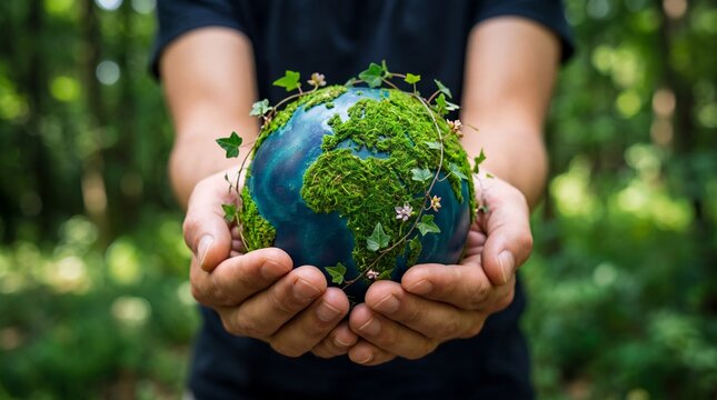 Human hands cradling a moss-covered terrestrial sphere representing global ecological preservation and environmental guardianship