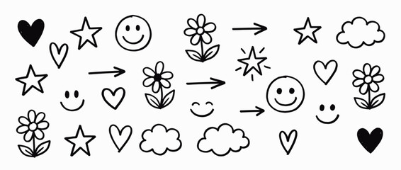 Obraz premium Cute line art icons with hearts and flowers. Whimsical smiley faces and cloud symbols. Hearts, stars, flowers, clouds, smiley faces, sad faces, peace signs, arrows. Vector illustration.