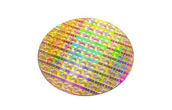 Silicon wafer for manufacturing semiconductor of integrated circuit.Electronic circuit designs built onto the wafers using micromaching including photolithography,isolated on white background