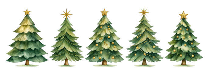 Fototapeta premium PNG Watercolor Christmas tree collection with golden ornaments and stars