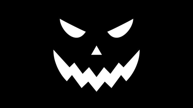 Pumpkin halloween animated jack o lantern minimalist face in white on black background.
