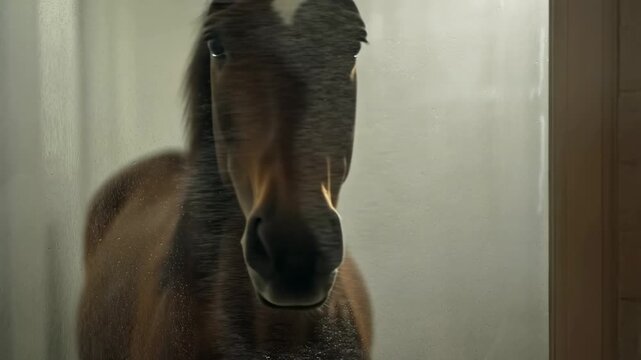 Brown horse turns its head to face forward behind a wet stable window in close view