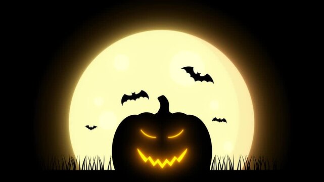 Pumpkin halloween animated silhouette in front of big full moon with flying bats on dark background.