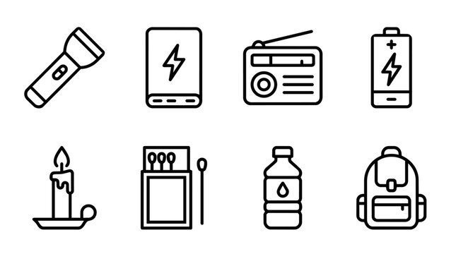 Emergency preparedness and survival supplies line icons collection with flashlight, power bank, radio, battery, candle, matches, water and backpack