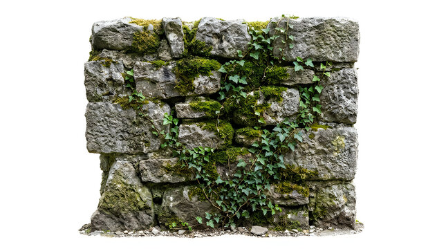 Moss covered rugged stone wall corner with ivy plant growth