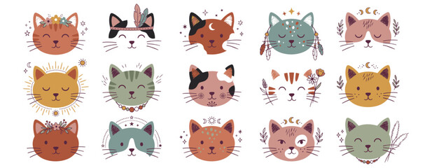 Obraz premium Cat Face Hand Drawn Vector Set Cute Kitten Doodle Colorful