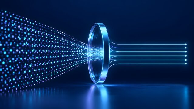 Unstructured blue data particles passing through a circular optical filter ring to form organized parallel streams, symbolizing data cleansing and processing
