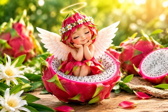 Magical angel sitting inside a dragon fruit
