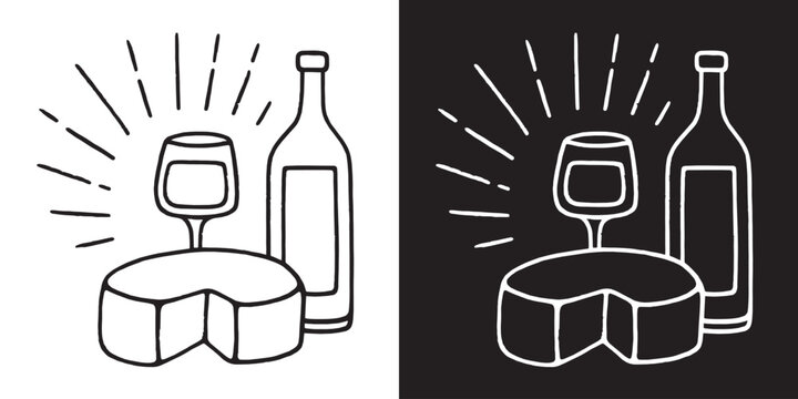 Wine bottle and cheese ink drawing glass sketch French dinner tasting party minimalist black and white outline line art. Hand drawn brie doodle vintage aesthetic illustration isolated logo design.