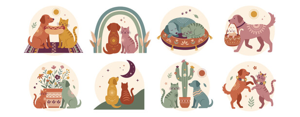 Obraz premium Dog Cat Friendship Hand Drawn Vector Set Boho Pet Love Illustration