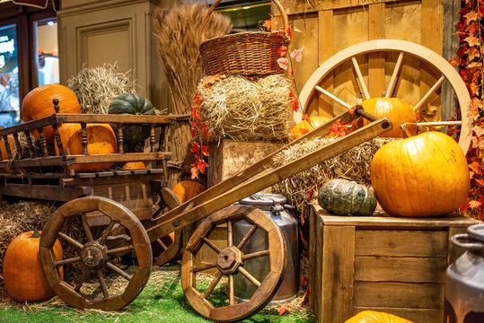 Autumnal decorative arrangement featuring pumpkins and a wooden cart, reminiscent of a harvest festival display.