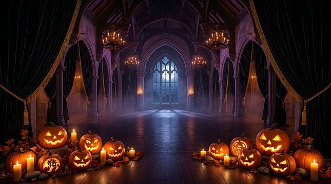 Halloween ballroom interior with glowing jack o lanterns and candles for seasonal party background