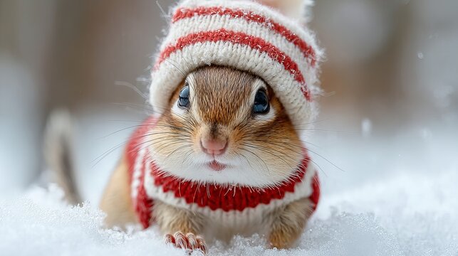 Cute tiny chipmunk wearing warm red and white knitted winter hat sitting on soft white snow outdoors