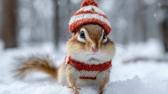 Cute chipmunk wearing red and white knitted winter hat scarf sitting outdoors covered in snowy forest landscape