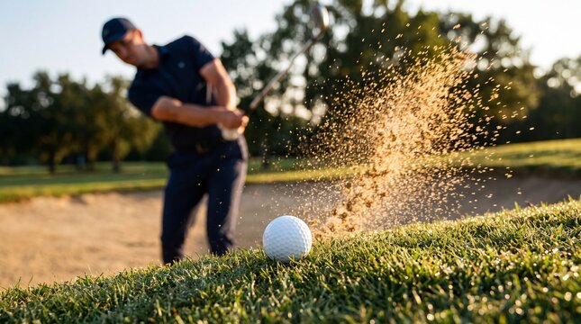 Dynamic action shot featuring a golfer striking a ball from a sand trap with sand particles flying, capturing a professional golf bunker escape at sunset.