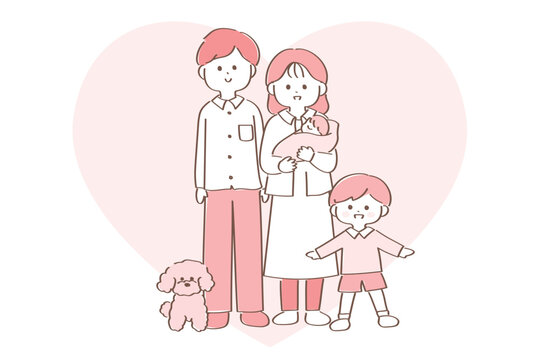 Web若い子育て世帯のイラスト　両親と犬と小さな子供2人