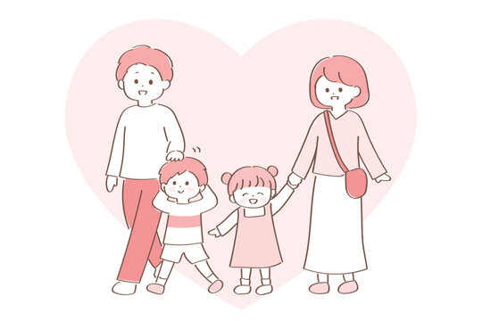 仲の良い幼児連れの4人家族のイラスト　背景ハート