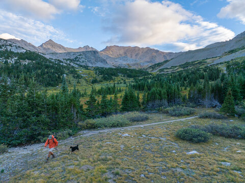 Aerial view of a hiker with a dog walking along a mountain trail near Mount Harvard, surrounded by pine forests, alpine meadows, and rocky peaks in Buena Vista, Colorado, United States.