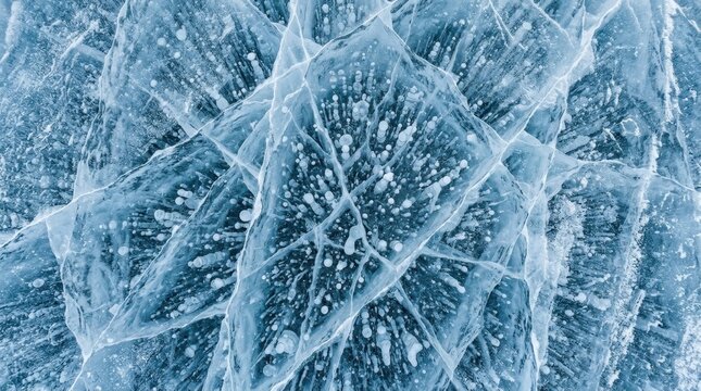 Abstract close up of clear blue ice with intricate cracks and trapped air bubbles on a frozen surface