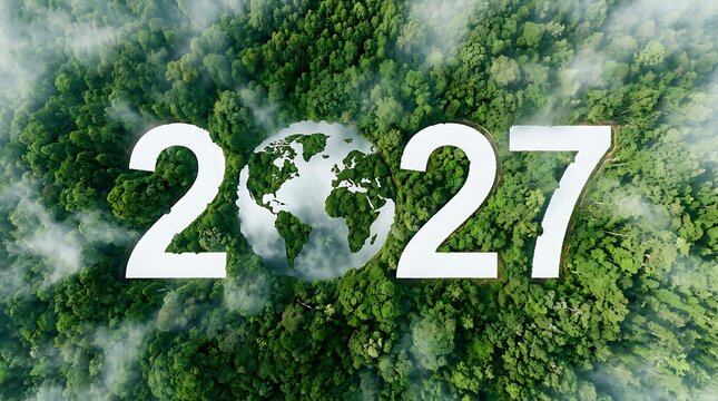 2027 year over aerial view of a globe in the forest with environment sustainability conservation perspective landscape