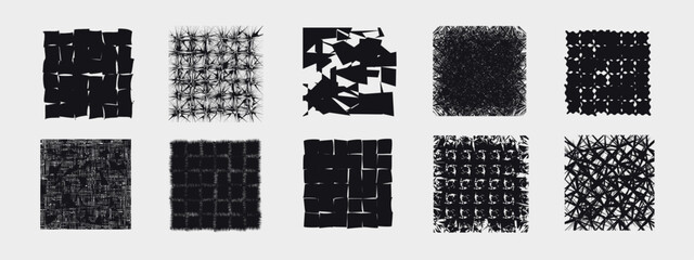 Fototapeta na wymiar Dark neo-brutalisim graphic elements collection. Edgy monochrome halftone backgrounds, chaotic crosshatch textures, and cyber punk square overlays for streetwear design.