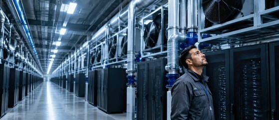 Fototapeta premium Man stands in server room, gazing upward