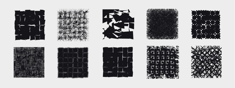 Dark neo-brutalisim graphic elements collection. Edgy monochrome halftone backgrounds, chaotic crosshatch textures, and cyber punk square overlays for streetwear design.