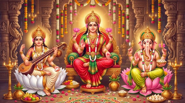 Goddess Lakshmi Saraswati and Lord Ganesha on Lotus for Diwali Lakshmi Puja Festival