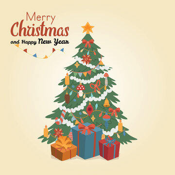 Festive Christmas greeting card with a decorated Christmas tree, colorful ornaments and wrapped gifts.