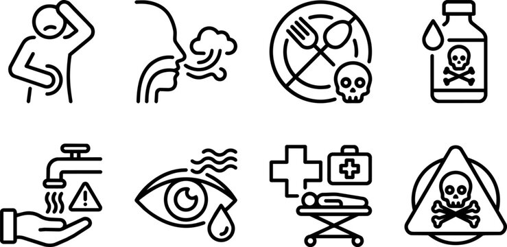 Poisoning and toxic hazard line icons collection with nausea, breathing difficulty, unsafe food, chemicals and emergency medical care