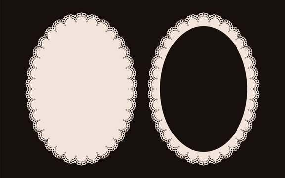 Oval lace doily vector frame set. Vintage romantic duo with delicate scalloped openwork edge. Blank border for wedding invitation card, aesthetic scrapbooking, coquette design and whimsical branding.