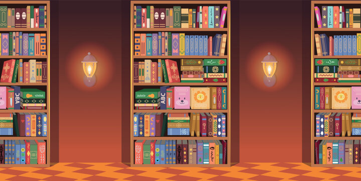 Dark cozy corridor lined with bookshelves and warm wall lamps, creating a mysterious library atmosphere.