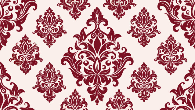 Damask Seamless Pattern with Elegant Red Ornamental Floral Motifs on a Soft Cream Background Design