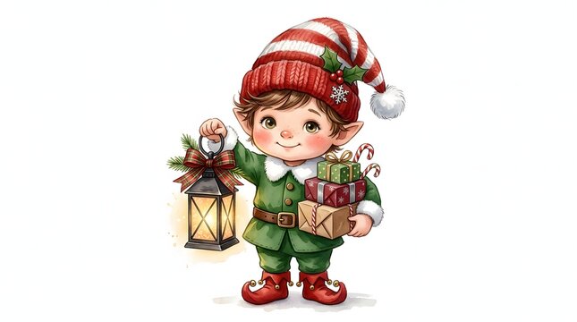 Cute Christmas Elf with Glowing Lantern and Presents Sublimation PNG, Santa Helper Holiday Clipart