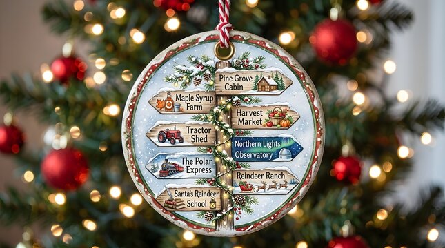 North Pole Direction Sign Post Christmas Ornament Sublimation PNG, Rustic Winter Holiday Ceramic Bauble Clipart