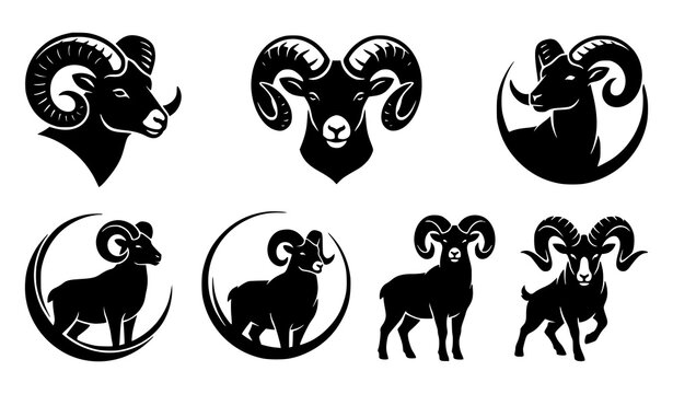 Ram zodiac silhouette collection featuring horned sheep and ram head designs in decorative black vector illustrations