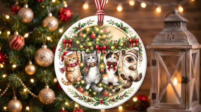Funny Hanging Cats Christmas Tree Ceramic Ornament Sublimation PNG, Cute Kitten Holiday Bauble Clipart